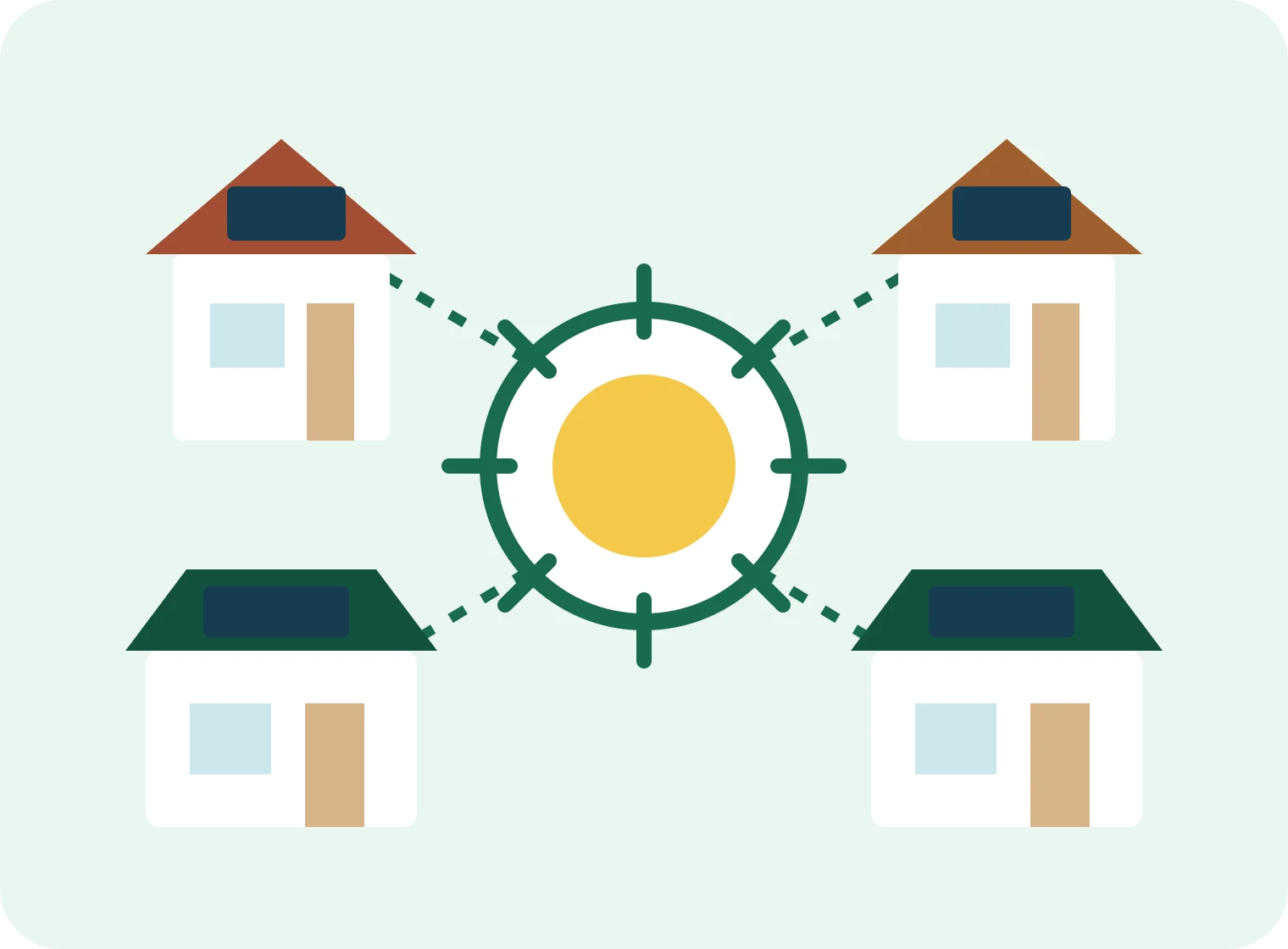 Schema illustrato di una comunità energetica con edifici collegati